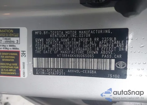 2009 Toyota Camry Hybrid z USA, uszkodzony, nr VIN 4T1BB46K49U065065